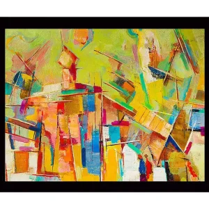 Inramad Canvastavla i trä - 41x56 cm - Abstrakt komposition med färgglada geometriska former Gul / Orange / Blå - Inredning Billig