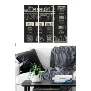 Bästa pris Canvastavla i trä 3-delar 50x70 cm - Meny med olika maträtter och köksredskap Svart / Vit - Inredning