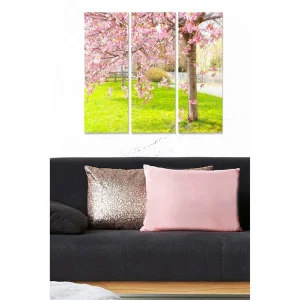 Nyhet Canvastavla i trä 3-delar 50x70 cm - Blommande körsbärsträd i vårgrönska Rosa / Grön - Inredning