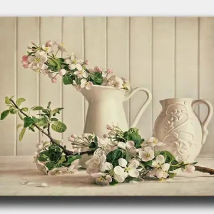 Canvastavla 70x100 cm - Blomsterarrangemang med vita kannor och grenar i en stillsam komposition Vit / Ljusrosa / Grön - Inredning Endast denna vecka