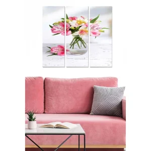 Canvastavla i trä 3-delar 50x70 cm - Färgrik bukett av blommor i en glasvas Rosa / Vitt / Grönt - Inredning Populär