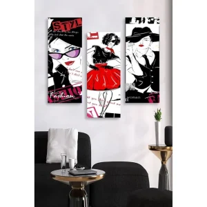 Canvastavla i trä 3-delar 50x70 cm - Stilfulla kvinnor i mode med färgglada detaljer Röd / Svart / Vit - Inredning Sänkt pris