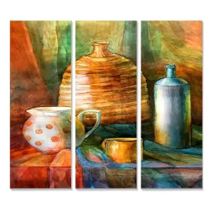 Canvastavla i trä 3-delar 50x70 cm - Stilleben med keramik och glasföremål Orange / Grön / Blå - Inredning Rabatt