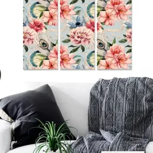 risnedsättning Canvastavla i trä 3-delar 50x70 cm - Färgrik blomsterkomposition med påfågelögon Rosa / Grön / Blå - Inredning