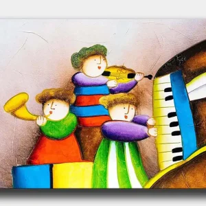Snabb frakt Canvastavla 70x100 cm - Tre glada barn som spelar musik med olika instrument Grön / Röd / Blå - Inredning