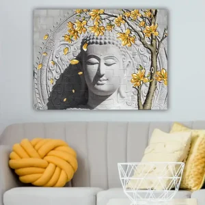 Canvastavla 70x100 cm - Stiliserad buddha med blommande grenar i gult Grå / Vit / Gul - Inredning Begränsat erbjudande