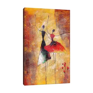 Rabatter Canvastavla 70x100 cm - Två stiliserade dansare i färgglada klänningar som uttrycker rörelse och glädje Röd / Svart / Orange - Inredning
