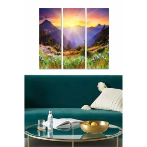 Rea Canvastavla i trä 3-delar 50x70 cm - Storslagen berglandskap med soluppgång och blommor i förgrunden Lila / Grön / Orange - Inredning
