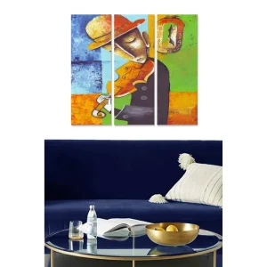Beställ nu Canvastavla i trä 3-delar 50x70 cm - Musiker som spelar fiol med en färgglad bakgrund Blå / Orange / Grön - Inredning
