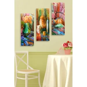 Canvastavla i trä 3-delar 50x70 cm - Stillhet med blommor och keramikföremål i harmoniska färger Grön / Orange / Blå - Inredning Kampanjpris