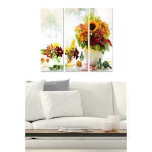 Köp online Canvastavla i trä 3-delar 50x70 cm - Färgrik bukett av blommor i en vas Gult / Rött / Grönt - Inredning