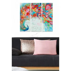 Canvastavla i trä 3-delar 50x70 cm - Färgglad fjäderdräkt av en påfågel som sprider sig i en dynamisk komposition Blå / Röd / Rosa - Inredning Utförsäljning