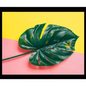Begränsad tid Inramad Canvastavla i trä - 41x56 cm - Grön monstera-blad mot en färgglad bakgrund Grön / Gul / Rosa - Inredning