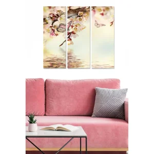 Beställ idag Canvastavla i trä 3-delar 50x70 cm - Blomstrande körsbärsgren med fjärilar och spegelbild i vatten Rosa / Vit / Ljusblå - Inredning