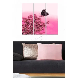 Canvastavla i trä 3-delar 50x70 cm - Vacker körsbärsblomma med en fjäril i rosa nyanser Rosa / Svart - Inredning Fri frakt