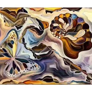 Bästa pris Canvastavla 70x100 cm - Färgglad fjäril och snäcka som svävar i en abstrakt komposition Guld / Blå / Brun - Inredning