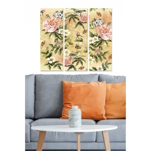 Köp online Canvastavla i trä 3-delar 50x70 cm - Färgrik komposition av blommor och fåglar Rosa / Grön / Beige - Inredning