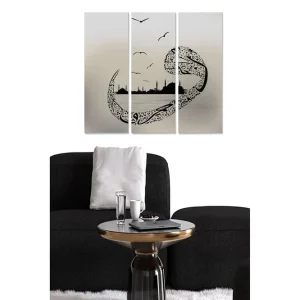 Canvastavla i trä 3-delar 50x70 cm - Abstrakt landskap med stiliserade fåglar och silhuetter av byggnader Svart / Grå - Inredning Köp nu