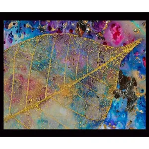 Inramad Canvastavla i trä - 41x56 cm - Guldglänsande löv mot en färgrik bakgrund av blått och lila Guld / Blå / Lila - Inredning Sänkt pris