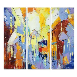 Canvastavla i trä 3-delar 50x70 cm - Livlig stadsbild med en spårvagn i rörelse Blå / Orange / Gul - Inredning I lager