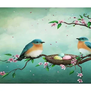 Billig Canvastavla 70x100 cm - Två fåglar sitter på en gren bredvid ett bo med ägg, omgivna av blommor Turkos / Aprikos / Rosa - Inredning