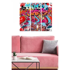 Populär Canvastavla i trä 3-delar 50x70 cm - Färgglad graffiti med urbana inslag och hjärtmotiv Röd / Blå / Rosa - Inredning