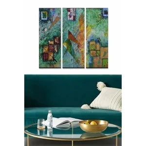 Canvastavla i trä 3-delar 50x70 cm - Abstrakt komposition med geometriska former och färgglada inslag Grön / Brun / Blå - Inredning Outlet