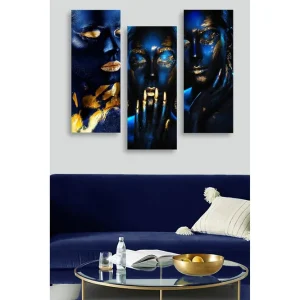 Canvastavla i trä 3-delar 50x70 cm - Mörkblå ansikten med guldiga detaljer Mörkblå / Guld - Inredning Kampanjpris