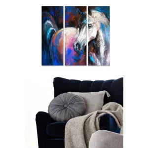 Premium Canvastavla i trä 3-delar 50x70 cm - Ståtlig häst i dynamisk komposition Blå / Vit / Rosa - Inredning