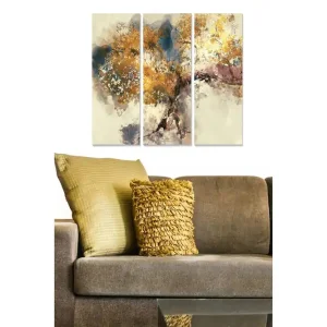Canvastavla i trä 3-delar 50x70 cm - Abstrakt landskap med gyllene trädtoppar Guld / Blå / Beige - Inredning Begränsat erbjudande