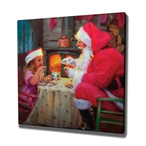 Kampanjpris Canvastavla 45x45 cm - Julstämning med jultomte och barn som delar en kopp varm choklad Röd / Beige / Grön - Inredning