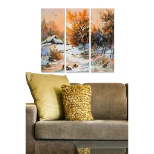 Lågt pris Canvastavla i trä 3-delar 50x70 cm - Vinterlandskap med snöklädda träd och en stuga Orange / Blå / Vit - Inredning