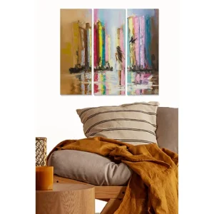 Canvastavla i trä 3-delar 50x70 cm - Stadssilhuett med reflektioner i vatten Guld / Rosa / Blå - Inredning Lågt pris