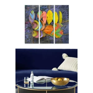 Canvastavla i trä 3-delar 50x70 cm - Färgglada löv på en mörk bakgrund Gul / Orange / Grön - Inredning Kampanj