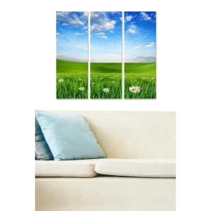 Populär Canvastavla i trä 3-delar 50x70 cm - Grön äng med vita blommor och blå himmel Grön / Blå / Vit - Inredning