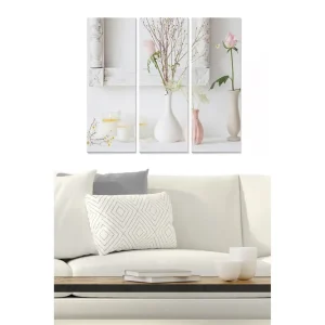 Snabb frakt Canvastavla i trä 3-delar 50x70 cm - Lugn stillhet med blommor och ljus i vaser Rosa / Vit / Beige - Inredning