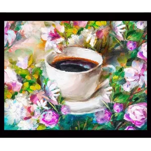 Inramad Canvastavla i trä - 41x56 cm - Kopp med kaffe omgiven av färgglada blommor Lila / Grön / Vit - Inredning Trygg betalning