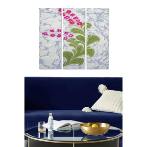 Nyhet Canvastavla i trä 3-delar 50x70 cm - Färgglad växt med blommor mot en marmorliknande bakgrund Grön / Rosa / Ljusblå - Inredning