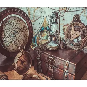 Canvastavla 70x100 cm - Nostalgisk samling av navigationsverktyg och en glob som framhäver äventyr och upptäcktsresande Brunt / Guld / Blått - Inredning Kampanj