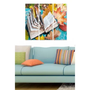 Canvastavla i trä 3-delar 50x70 cm - Öppen bok omgiven av höstlöv på en färgglad bakgrund Orange / Grön / Blå - Inredning I lager