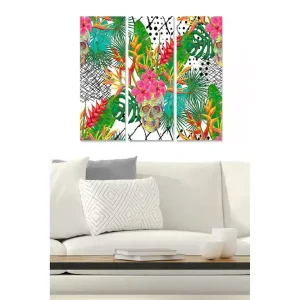 Canvastavla i trä 3-delar 50x70 cm - Färgglad dödskalle omgiven av tropiska växter och blommor Grön / Rosa / Gul - Inredning risnedsättning
