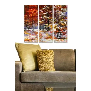 Utförsäljning Canvastavla i trä 3-delar 50x70 cm - Höstlandskap med färgglada träd och snöig mark Röd / Gul / Vit - Inredning