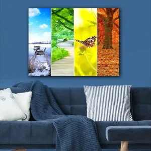 Canvastavla 70x100 cm - Färgglad fyrdelad tavla som visar olika årstider med naturmotiv Blå / Grön / Orange - Inredning Erbjudande