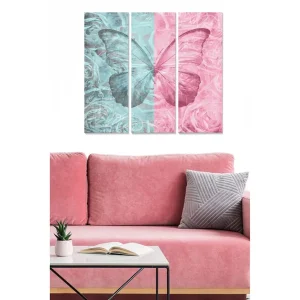Endast denna vecka Canvastavla i trä 3-delar 50x70 cm - Färgglad fjäril omgiven av blommor Turkos / Rosa - Inredning