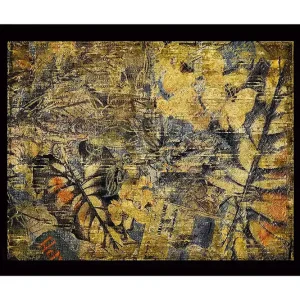 Lågt pris Inramad Canvastavla i trä - 41x56 cm - Abstrakt komposition med växtmotiv och texturer Guld / Mörkblå / Orange - Inredning