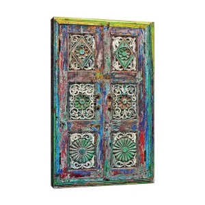 Kundfavorit Canvastavla 70x100 cm - Färgglad och detaljerad dörr med intrikata sniderier och mönster Grön / Blå / Röd - Inredning