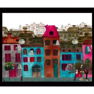 Trygg betalning Inramad Canvastavla i trä - 41x56 cm - Färgglada hus i en stadsmiljö Rosa / Turkos / Röd - Inredning