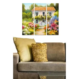 Billigare Canvastavla i trä 3-delar 50x70 cm - Vackert hus omgiven av blomstrande trädgård Grön / Rosa / Lila - Inredning