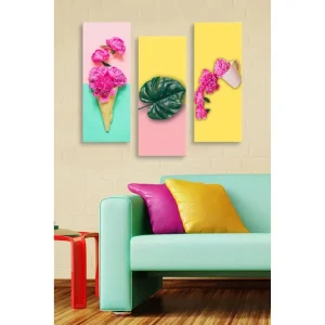 Canvastavla i trä 3-delar 50x70 cm - Färgglad komposition med blommor och blad i en glasskon som sträcker sig över tre paneler Rosa / Grön / Gul - Inredning Expressleverans