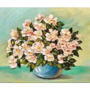 Populärt val Canvastavla 70x100 cm - Vacker bukett med rosa blommor i en blå vas Rosa / Grön / Blå - Inredning